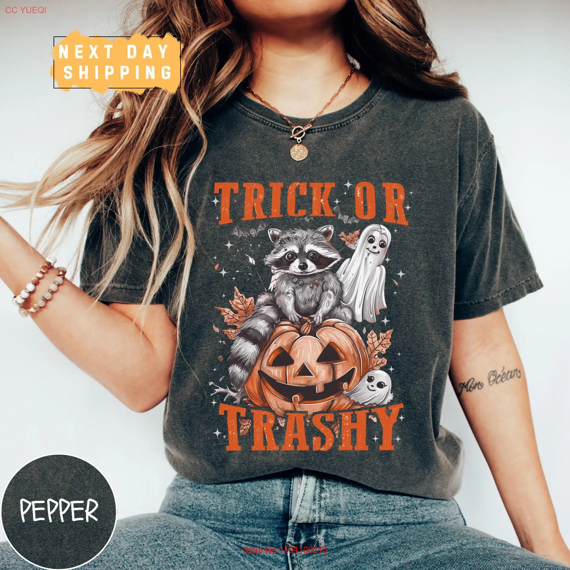 Trick or Trashy Raccoon Halloween T Shirt Comfort Colors Retro Trendy Top Women's Pumpkin Girly long or short sleeves