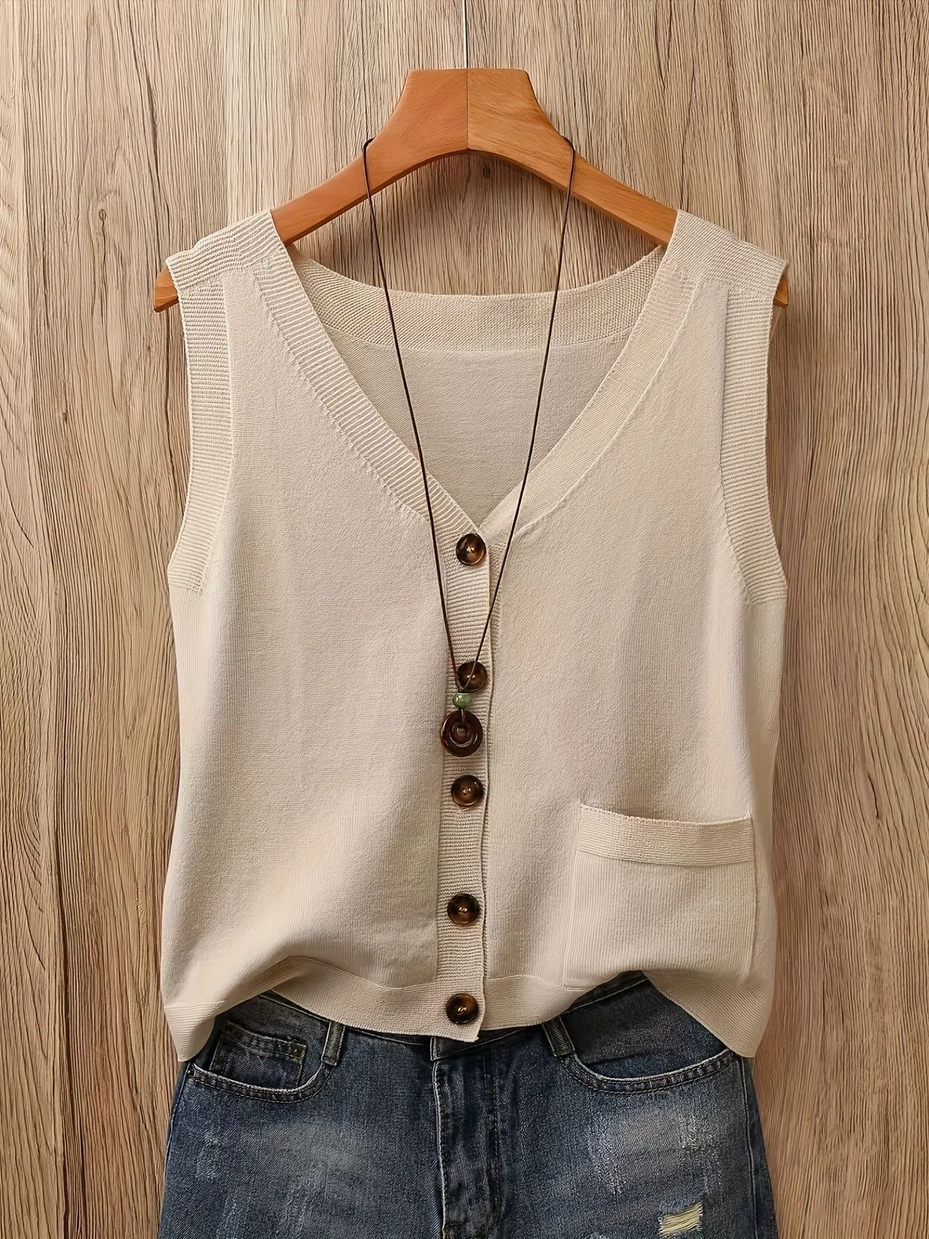 Camiseta sin mangas de punto con cuello redondo para mujer