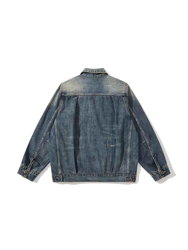 Japanese Retro Cityboy Trendy Distressed Patchwork Denim Jacket for Men - 100% Cotton Loose Fit Red Selvedge with Splatter Paint