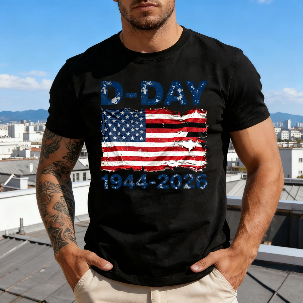 Normandy Landings D-Day Memorial Theme T Shirt Retro United States Flag Print Men High Quality Cotton Graphic Printed Casual Top view 4