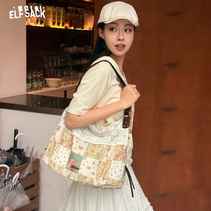 

ELFSACK Women's Floral Patchwork Bag, Lace Trim Canvas Tote with Leather Handles, Boho Casual Large Capacity Shoulder Bag