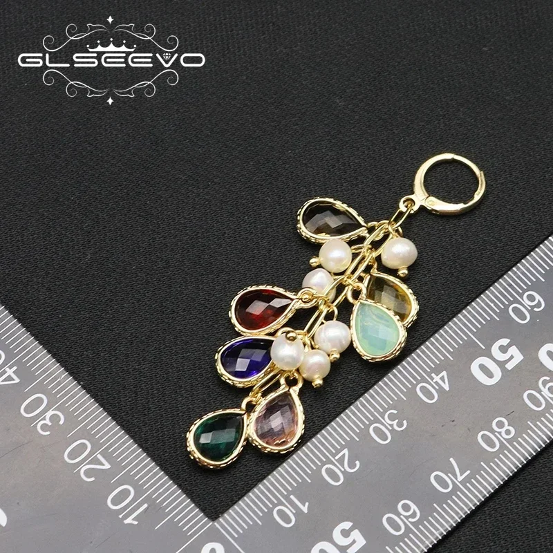 GLSEEVO 925 Silver Colorful Water Drop Pearl Woman Earrings Korea Metal Chain Exquisite Personality Temperament Banquet Jewelry