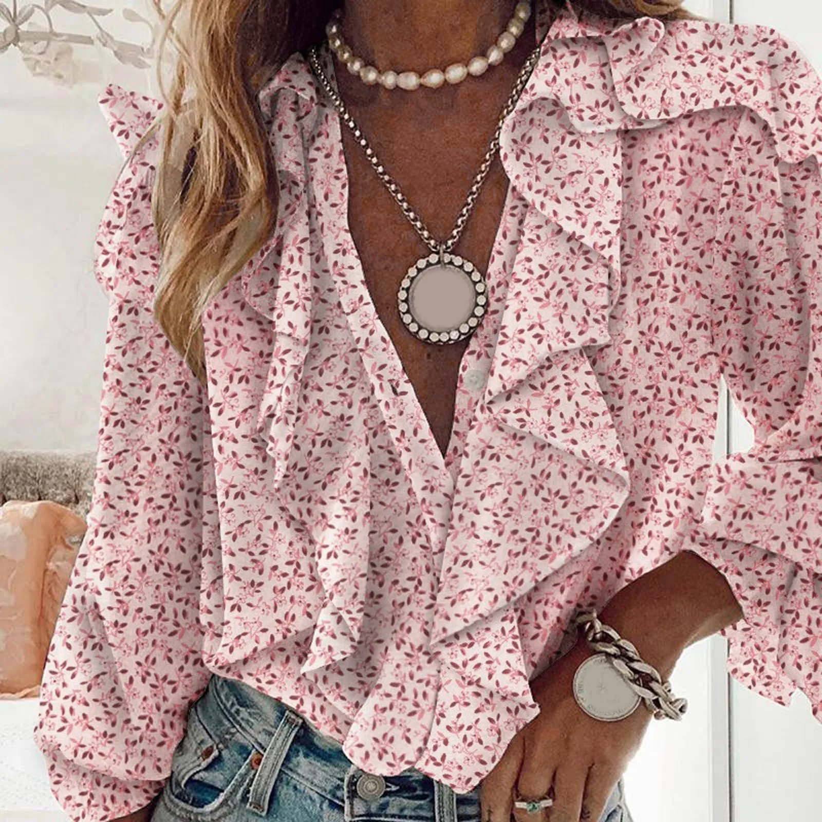 Women'S Chiffon Shirt Y2k Clothing Elegant V Neck Single Breasted Long Sleeve Ruffles Shirt Office Ladies Tops 2000s Streetwear