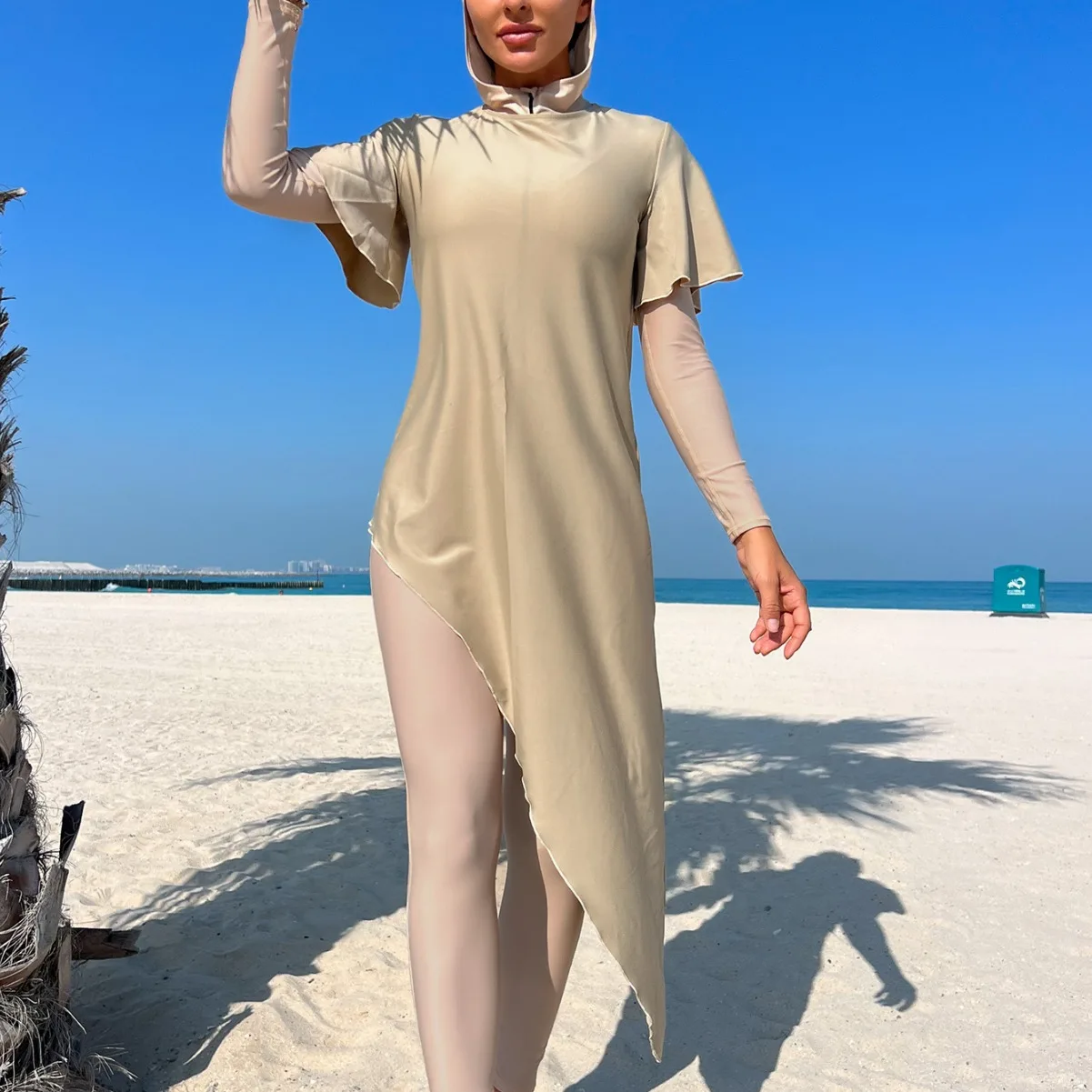 2pcs Beige Burkini Femmes Swimsuit set for Muslim women Burkini with Hooded All Cover beach Wear diving suit with SPF50+