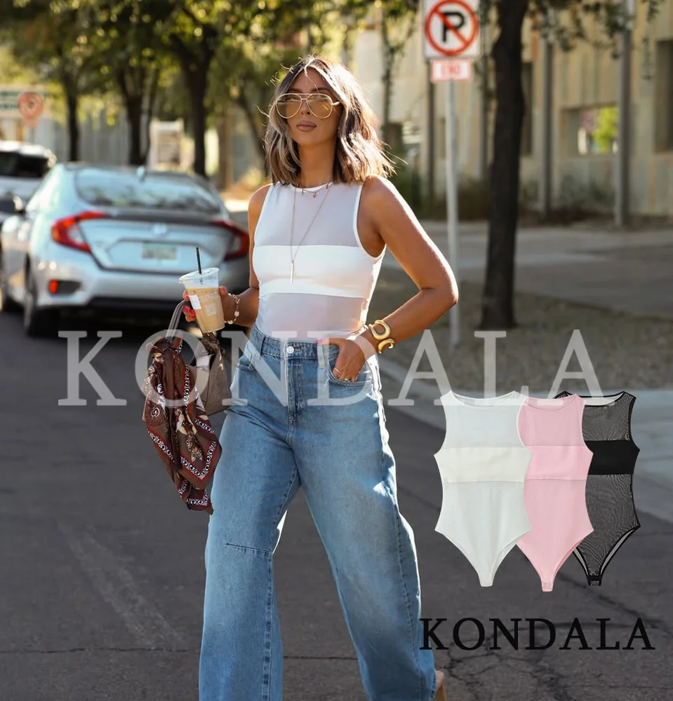 KONDALA Body de Malha Transparente Feminino, Estilo High Street, Sem Mangas, Ajustado, Nova Moda Verão 2026, Sensual para Férias