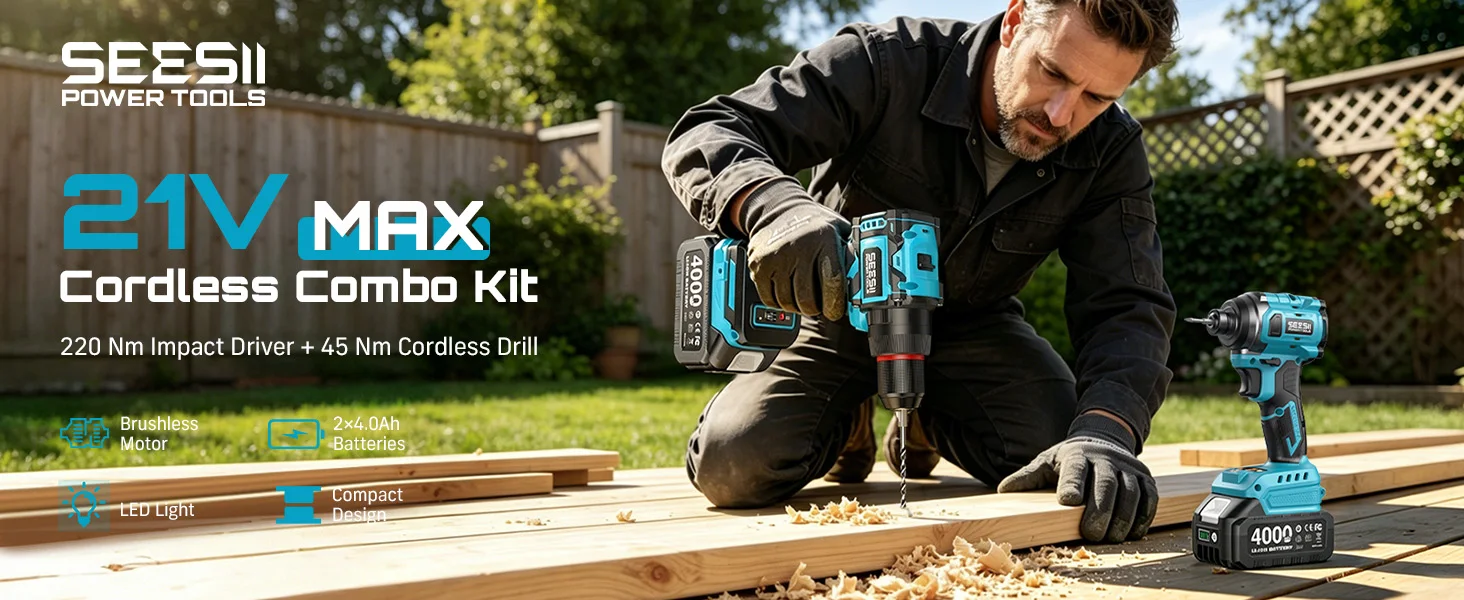 SEESII 3/8'' Drill & 1/4'' Impact Driver 21V Cordless Electric Brushless Drill Impact Wrench Variable Speed Screwdriver Battery Powered Tool Kit with 2x4.0Ah Batteries LED Light