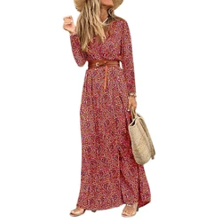 Amazon's Cross-border Hot Selling Autumn and Winter Long Sleeved V-neck Bohemian Floral Dress for Women's Trade