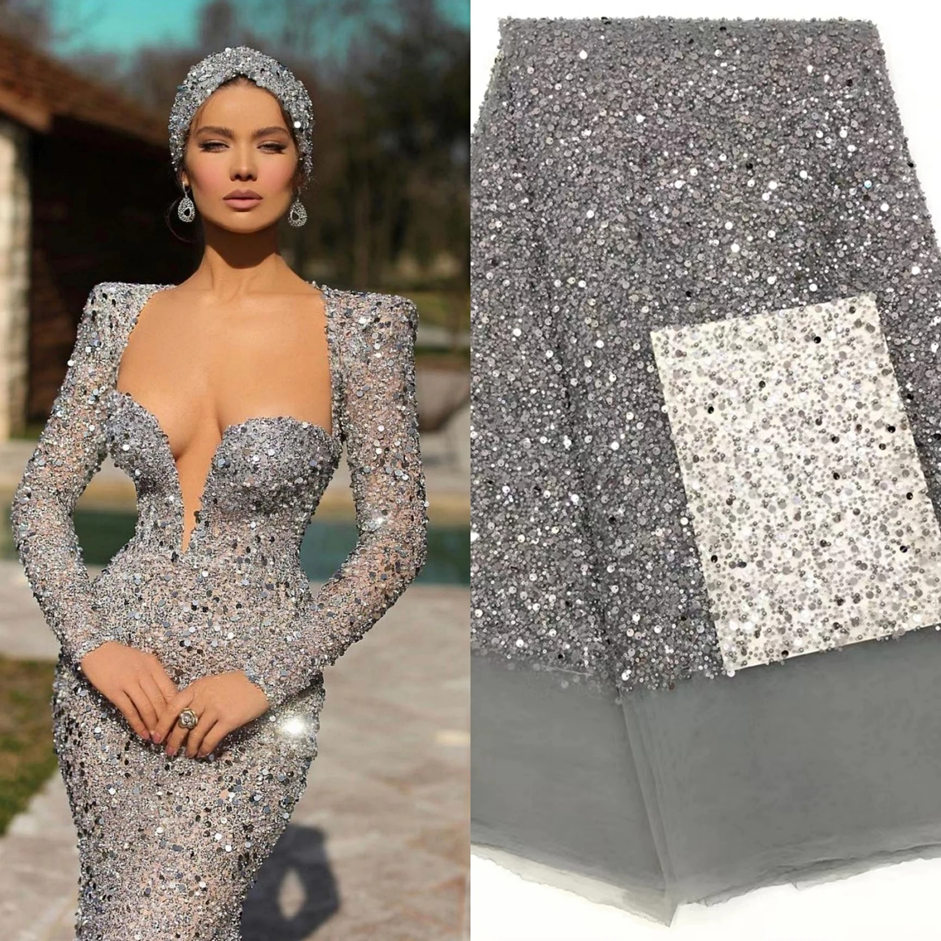 

30 Colors Haute Couture Designer Lace Fabric Sequins Lace Beaded Pearl Fabric Crafts For Evening Dress Cloth By The Yard