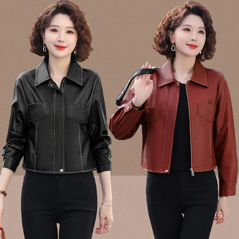 Women's Slim Leather Jacket, Stand-up Collar, Zipper Stitching, Monochromatic Coat, Fashion Clothing