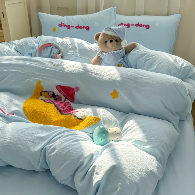 

Cartoon Towel Embroidery Bedding Sets Skin-Friendly Cozy Bedsheet Duvet Cover Pillowcases Queen Double Bedclothes for Summer