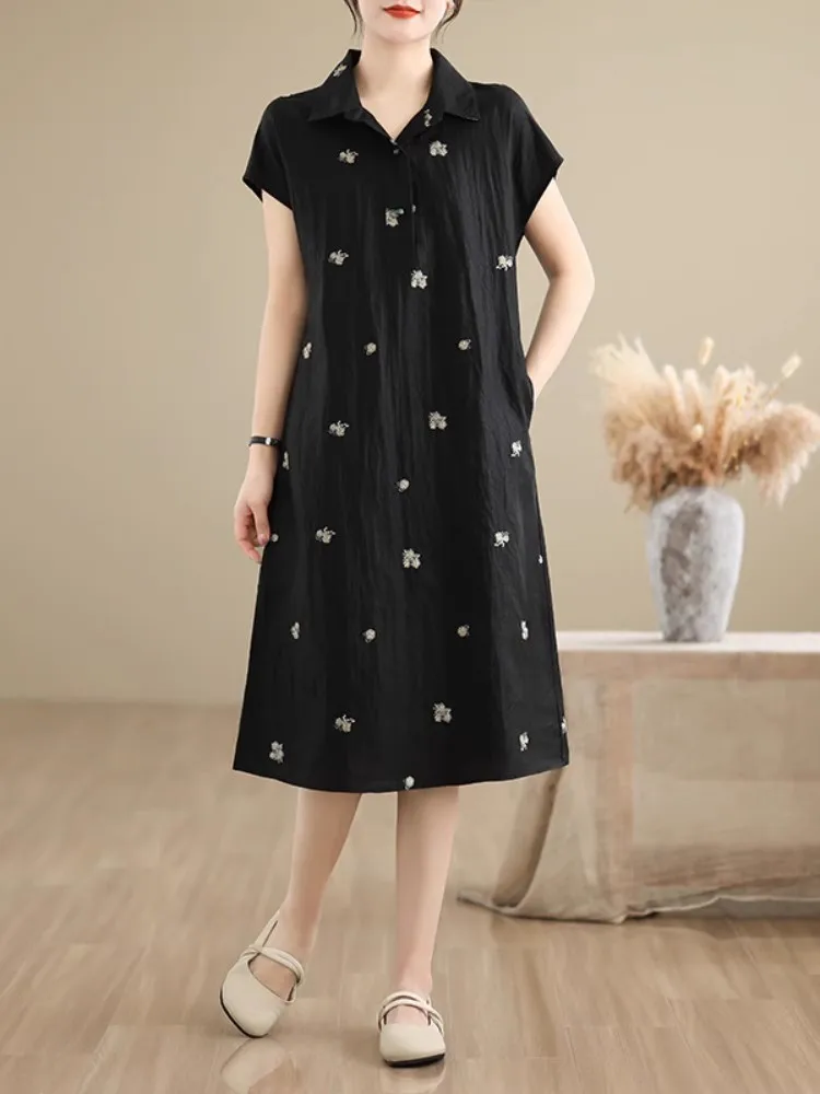 

High Quality Flower Embroidery Women Midi Dress 2025 New Summer Vintage Office Lady Age-reduced Turn Down Collar Shirt Dresses