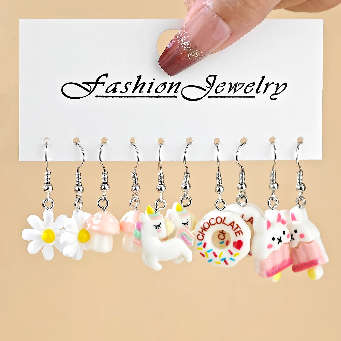 Cross border Women Cute Creative Versatile Rabbit Flower Strawberry Mushroom Bear Resin Dangle Earrings Set