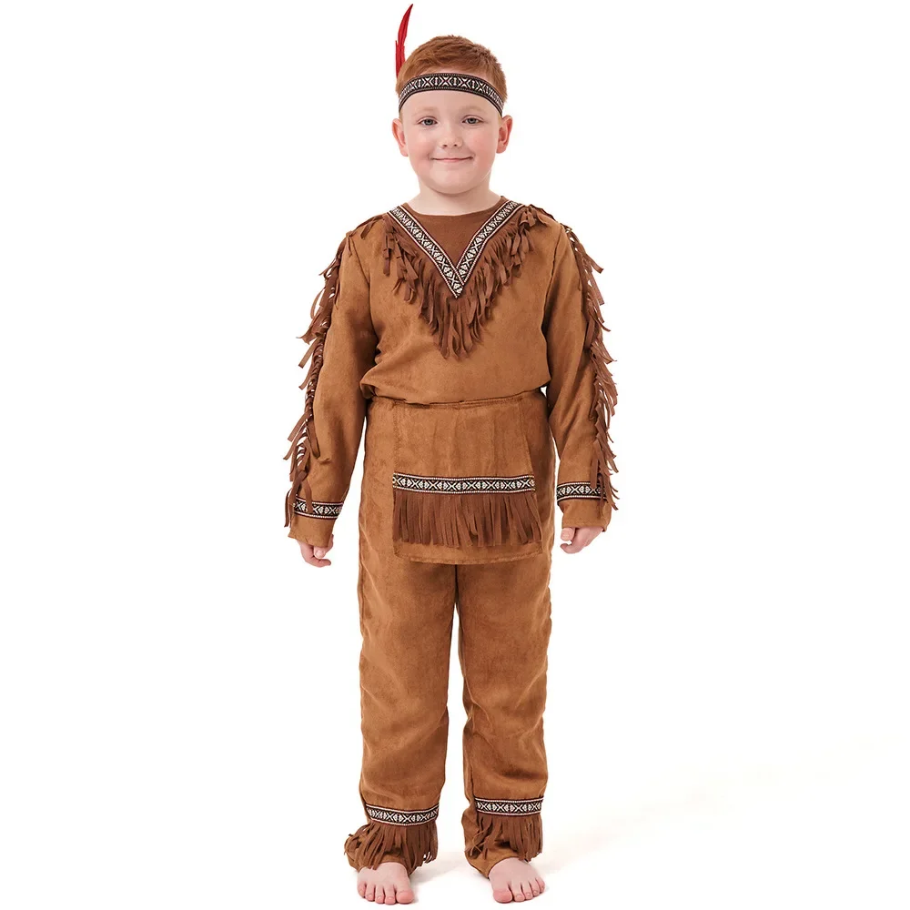 Kids Halloween Native Costume Boys Brown Color American Indian Tribal Warrior Outfits