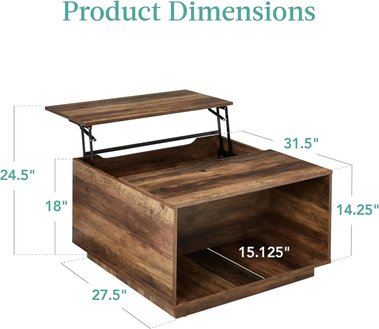 Square Lift Top Coffee Table, Wooden Rustic Modern Multifunctional Accent Table for Living Room w/Hidden Storage