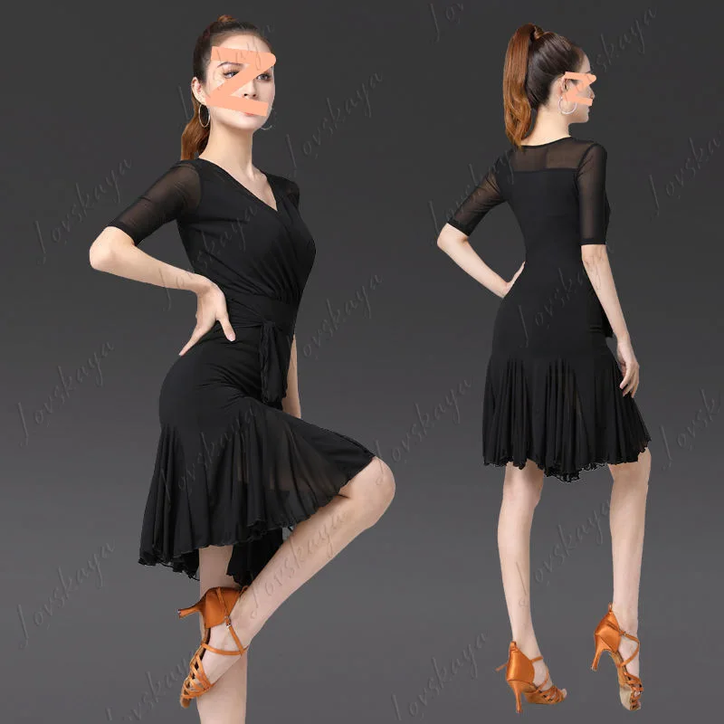 Odzież do tańca latynoamerykańskiego, nowa, dopasowana, z krótkim rękawem, do ćwiczeń tanecznych.