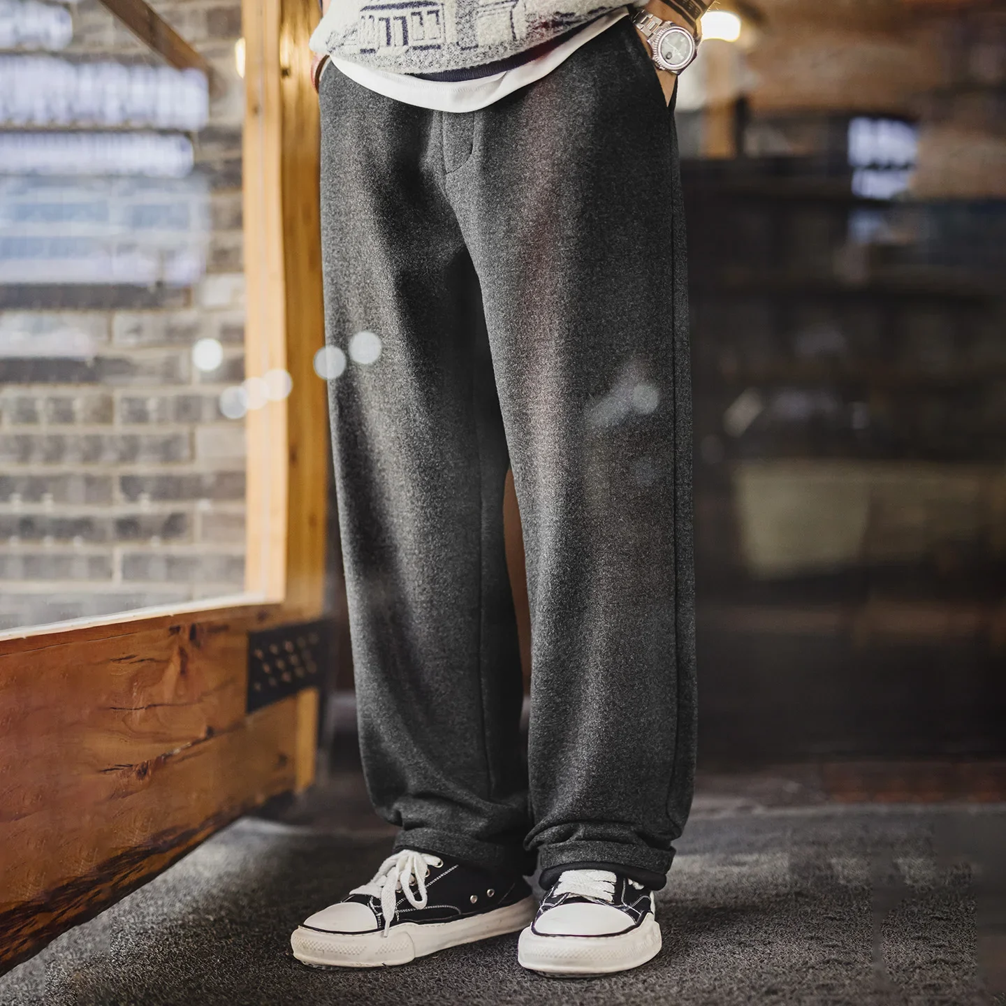 Maden Men's Warm Grey Thickened Woolen Dress Pants Straight-Leg Casual Long Pants Commuter Office Trousers for Autumn Winter