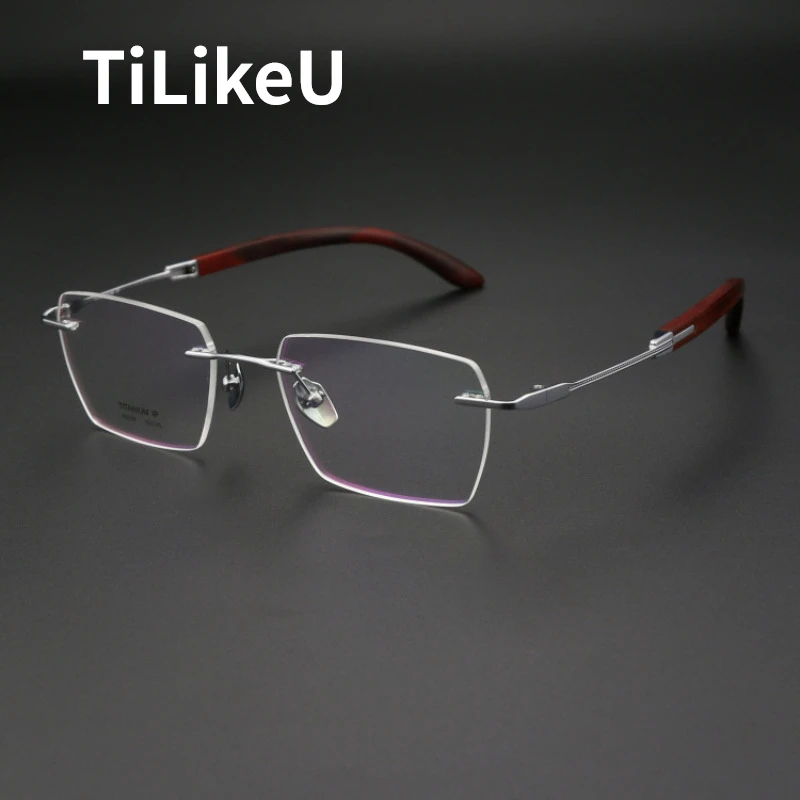 

Pure Titanium Men's Rimless Glasses Frames Sandal Wood Large Square Frameless Prescription Glasses Luxury Designer Brand Eyewear