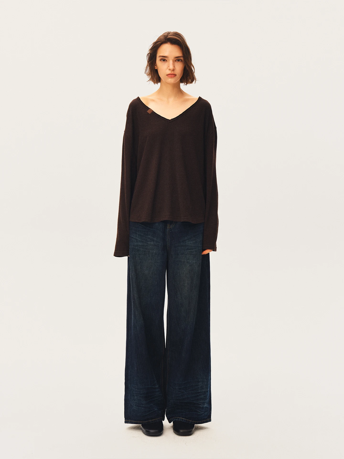 TDDP Wool V-neck Long Sleeve T-shirt Women's Loose Midi Length Draping Slimming Single-piece Autumn Winter Casual Style