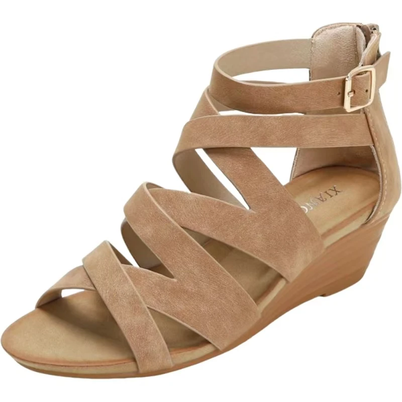 

Women Big Size Wedges Peep Toe Sandals Summer New Soft Sole Leather Hollow Out High Top Buckle Strap Lightweight Modern Sandals