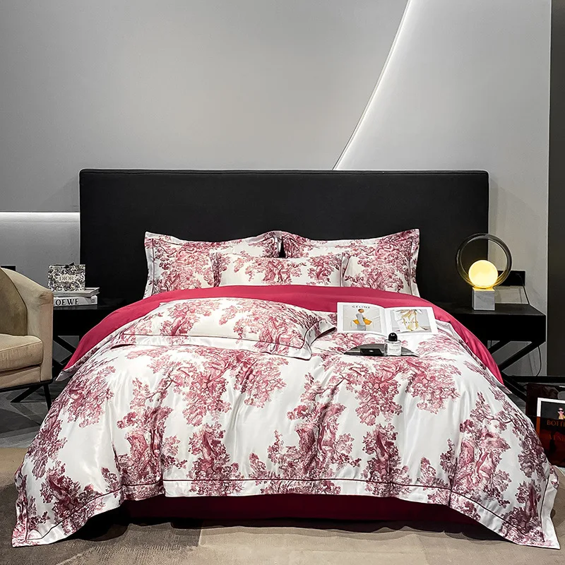 European Style Light Luxury Washed Tencel Four Piece Printed Cool And Comfortable Down Duvet Cover Bed Sheet Household Bedding