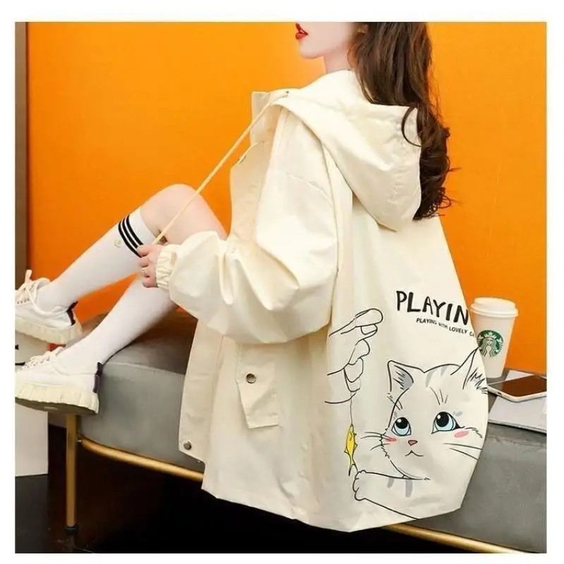 Hoodie Cat Print Jacket Spring  Autumn Teen Girls Loose Fit Casual Top Fashion Versatile Outerwear for Streetwear Daily Wear