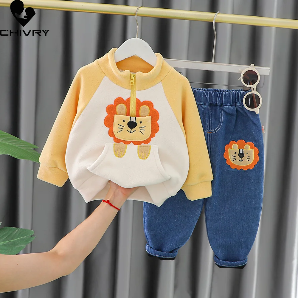 New Kids Boys Winter Cute Cartoon Bear Fleece Thicken Warm Pullover Sweatshirt Tops with Jeans Baby Girls Casual Clothing Sets