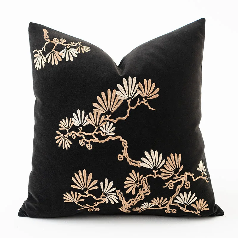 

DUNXDECO Chinese Pine Tree Embroidery Pillow Cover Retro Black Velvet Cushion Case Art House Office Sofa Chair Decoration