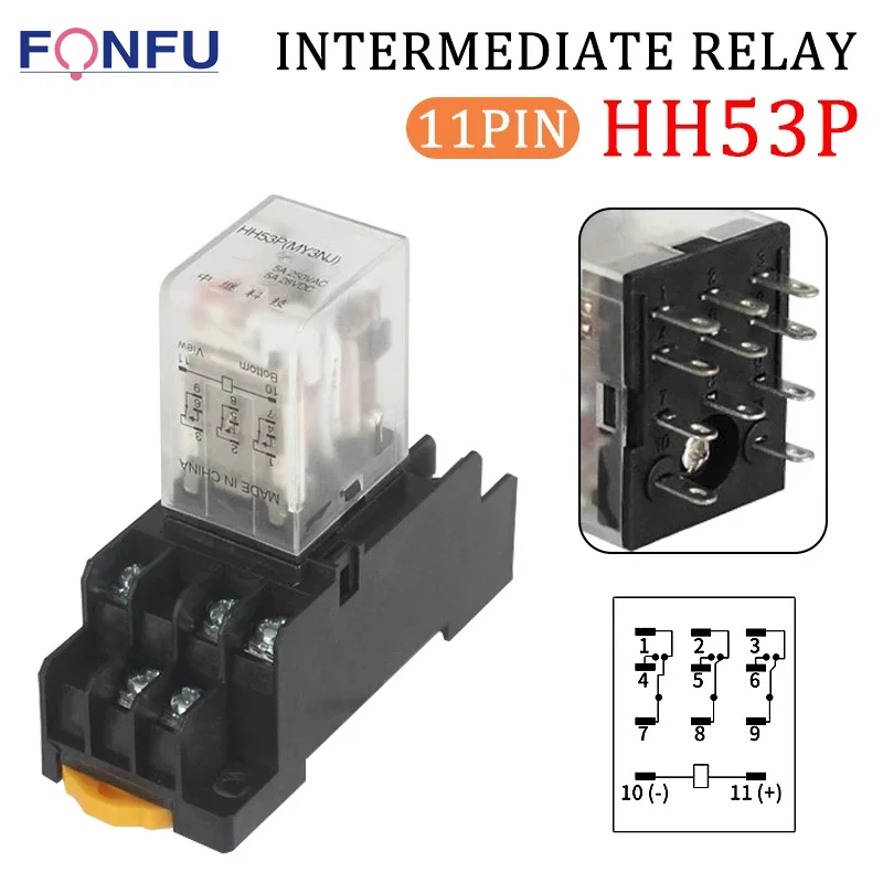 5PCS Miniature Coil Generalel ectromagnetic Intermediate Relay Switch With PYF08A Base HH53P LED 12/24/36VDC 110/220VAC