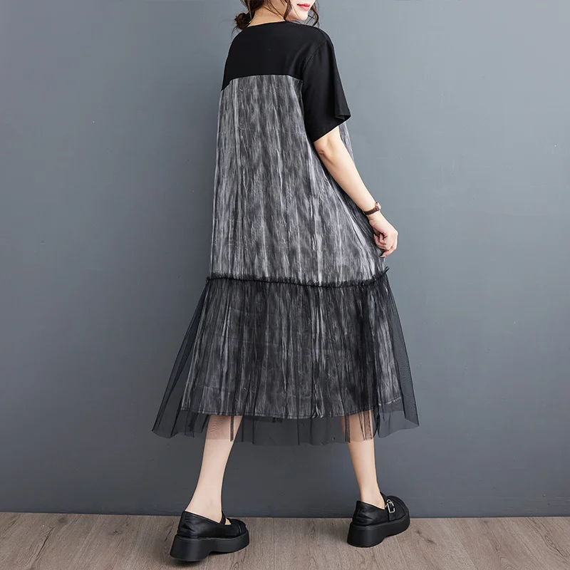 #6537 Black Tie Dye False Two Piece T Shirt Dress Spliced Mesh Vintage Dress Women Loose Streetwear Tshirt Dress Female Midi