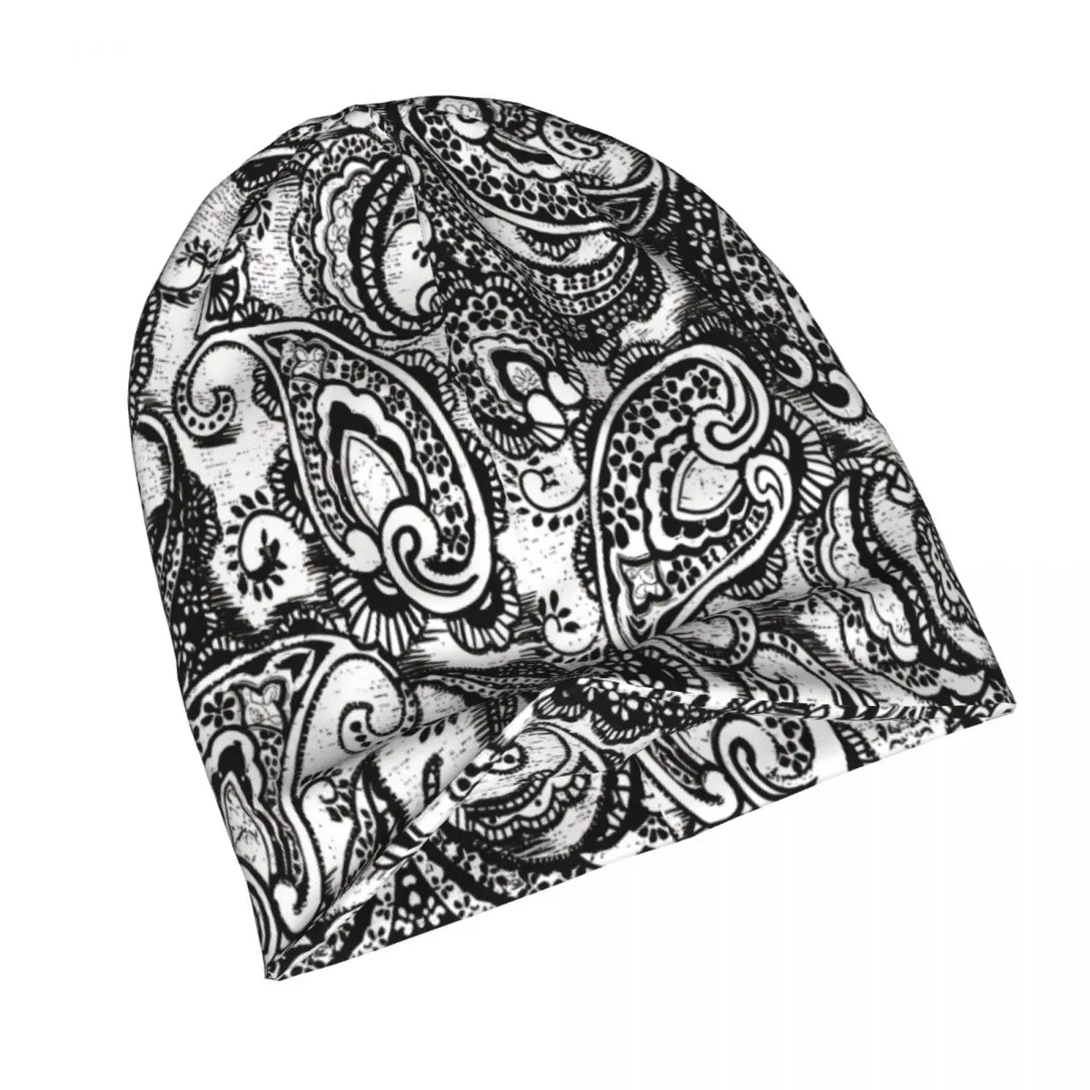 Paisley Batik Black And White Woodcut Print Bonnet Homme Autumn Spring Thin Hat Paisley Style Skullies Beanies Caps