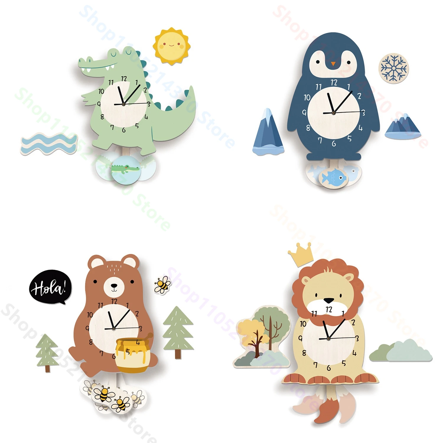 Cute Animals Pendulum Wall Clock PVC Penguin Art Clock Dinosaur Lion Bear Display DIY Decor for Home & Office Silent Watch Gift