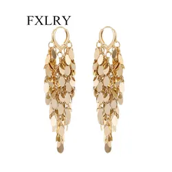 FXLRY Creative Design Exaggerated Long Metallic Sequin Tassel Earrings For Women Wedding Jewelry