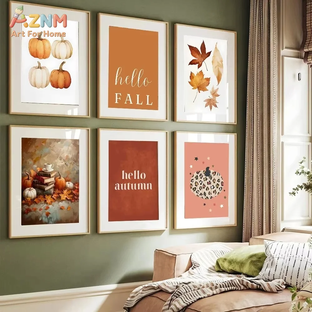Affiche imprimée Feuilles d'automne et citrouilles, Décoration d'automne pour la maison, chambre et salon, Décoration ambiance automne, Peinture sur toile