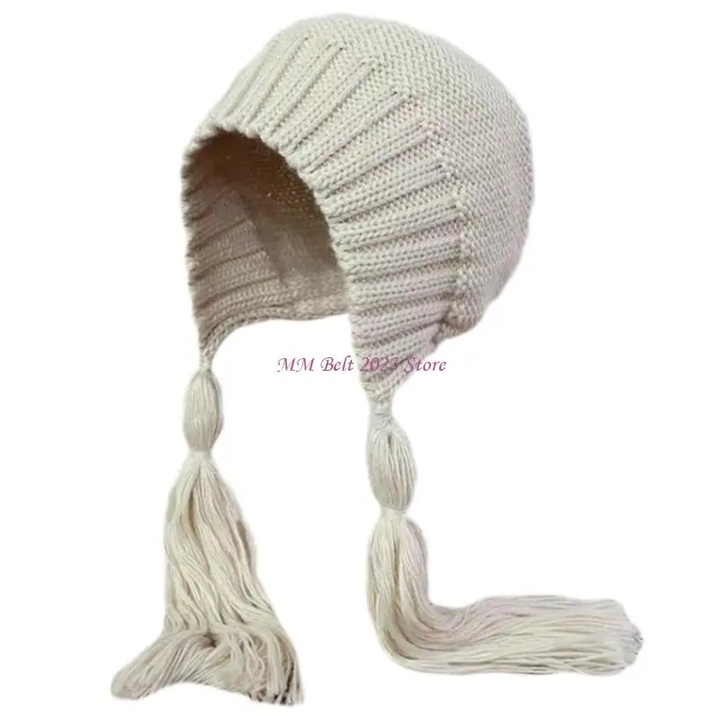 49ME Color Wool Hat Long Twist Braid Knitted Hat Daily Wear Windproof for Girl