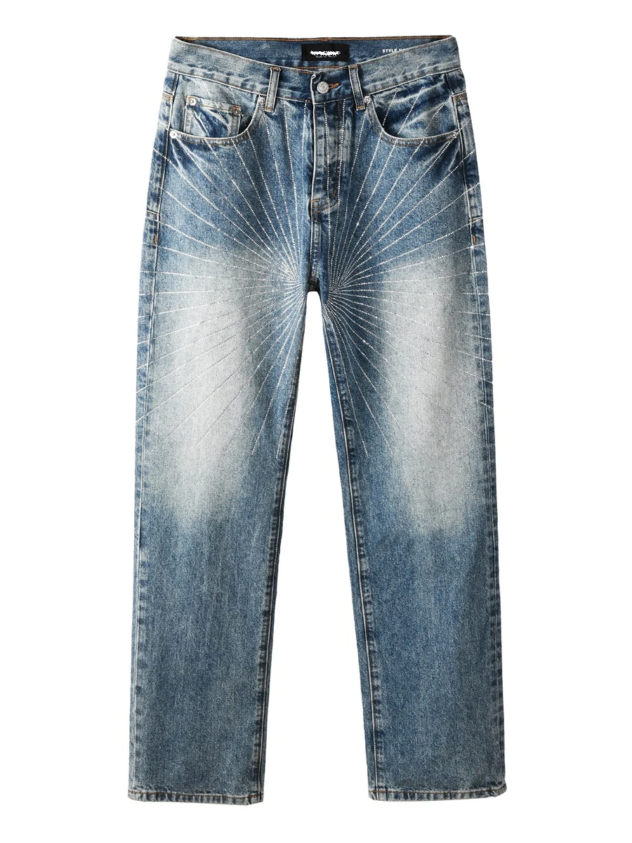 

Мужские джинсы American Sle прямого кроя с рваными элементами, модные городские джинсы с алмазным узором, для весны, осени и зимы