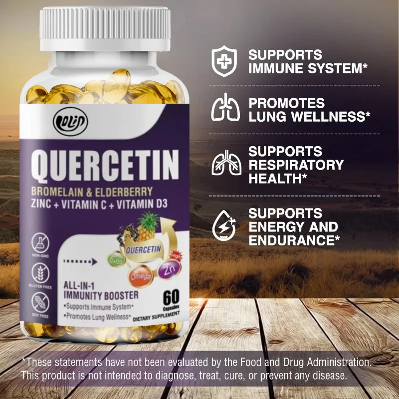 Quercetin 500mg Capsules Contain Bromelain, Vitamins C and D3, Zinc, and Elderberry - Immune Supplements -60 Capsules