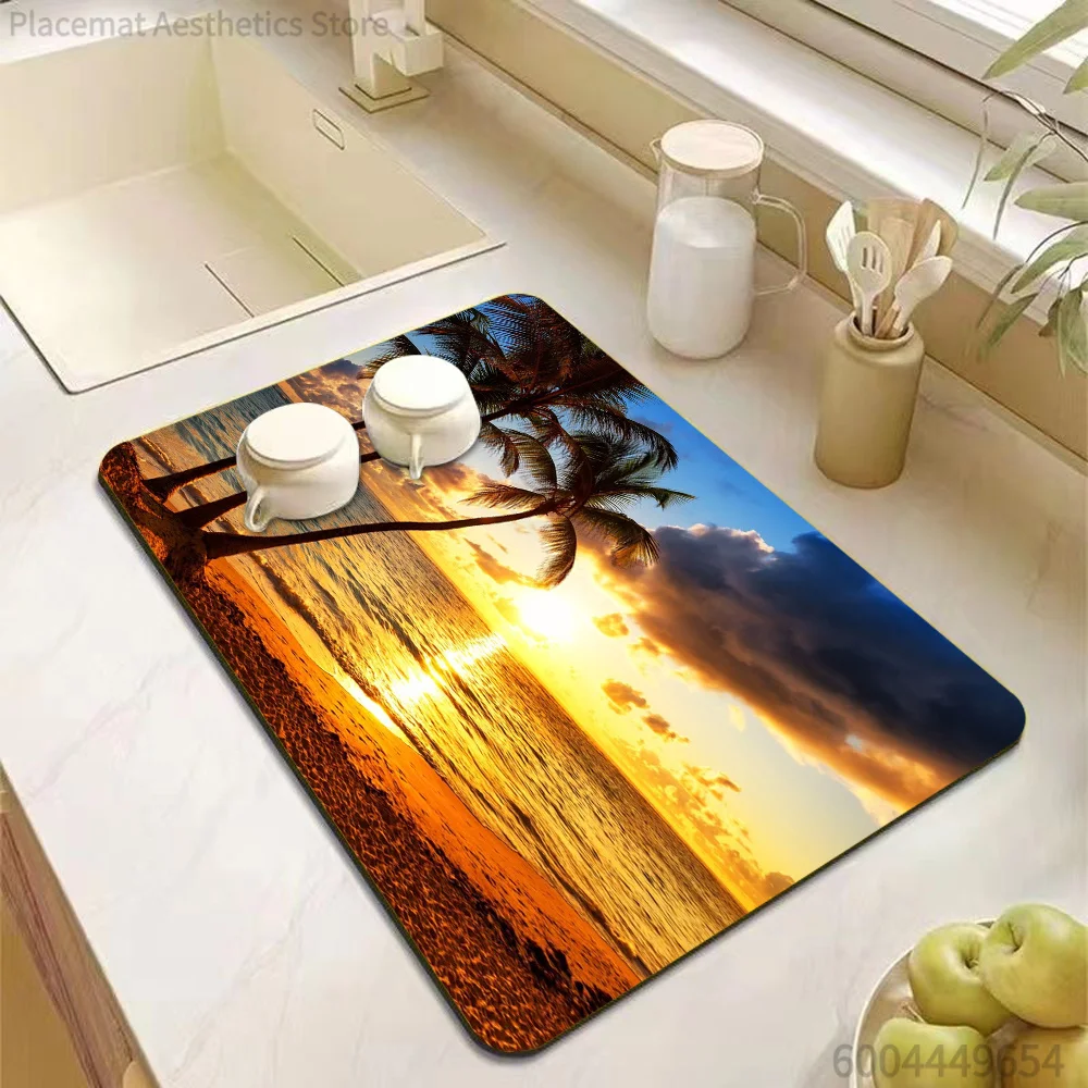 Beach Sunset Coconut Tree Print Super Absorbent Drying Mat Waterproof Kitchen Counter Drain Pad Decor Placemat