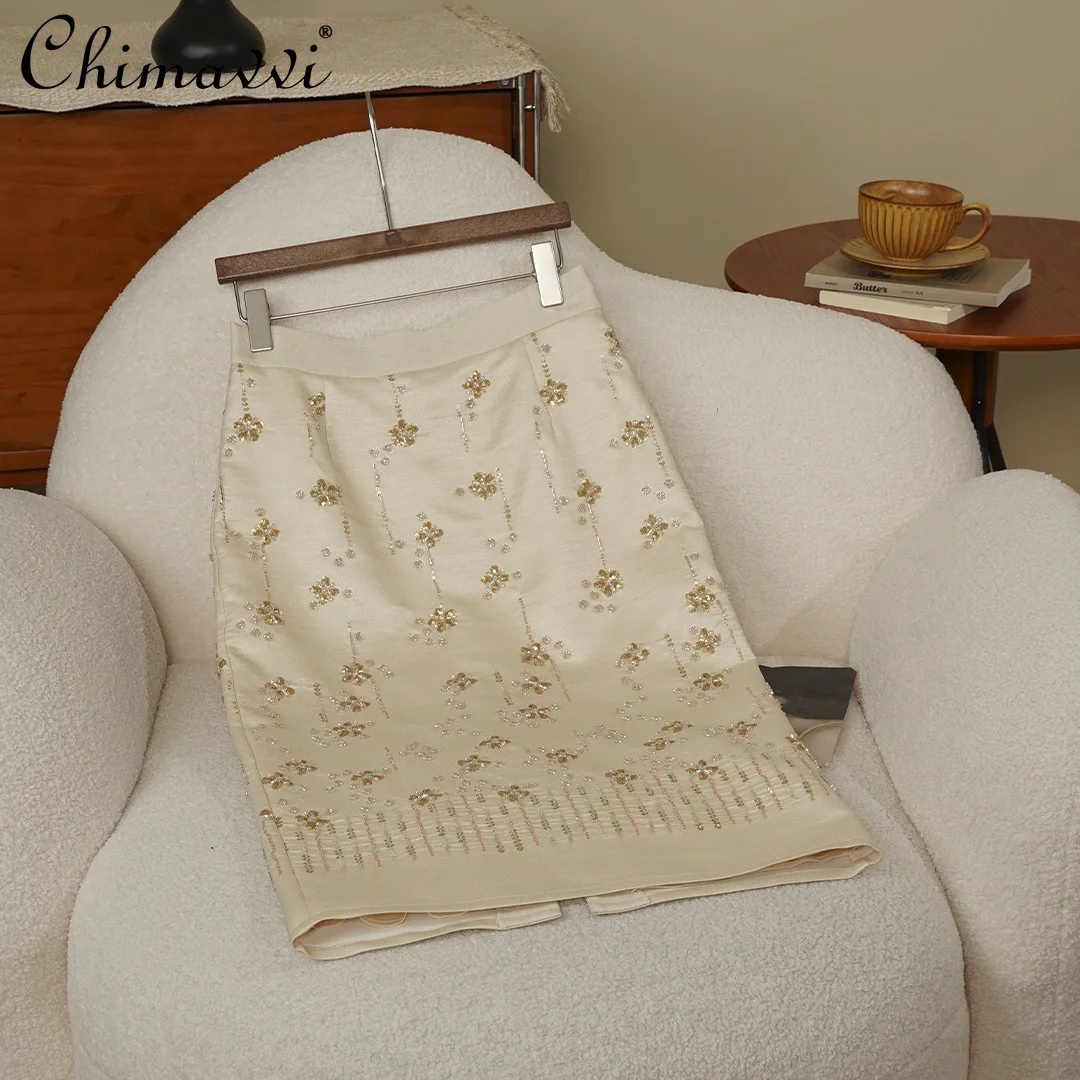 

Осенняя новая высококачественная легкая абрикосовая эластичная юбка с блестками и бисером на молнии с высокой талией и разрезом, модная элегантная женская юбка для вечеринок