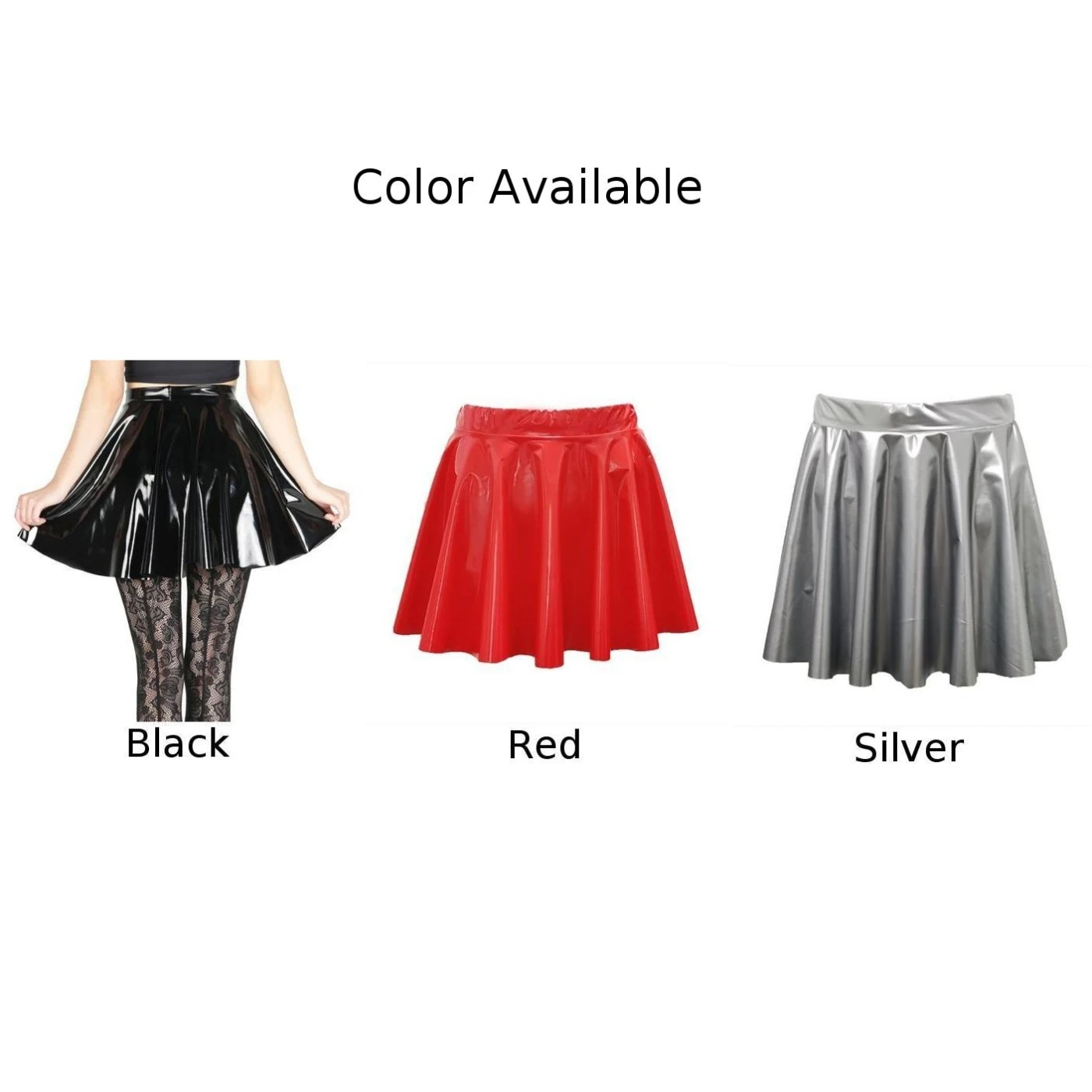 Womens Shiny PVC  Patent Leather Skirt Sexy Wet Look Leather Pleated Skirt Front Bodycon Elastic Latex Mini Short Skirt