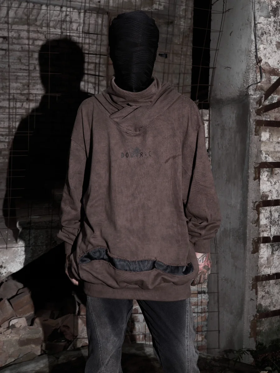 Autumn and Winter Wasteland Style Women's Clothes Washed Distressed Destroyed Loose Hooded Men's Sweater with Mask