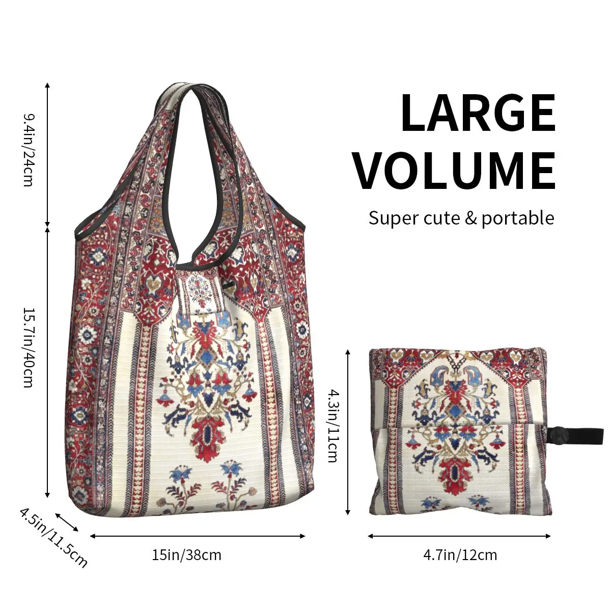 Reusable Antique Bohemian Persian Silk Rug Shopping Bag Women Tote Bag Portable Geometric Ethnic Kilim Grocery Shopper Bags