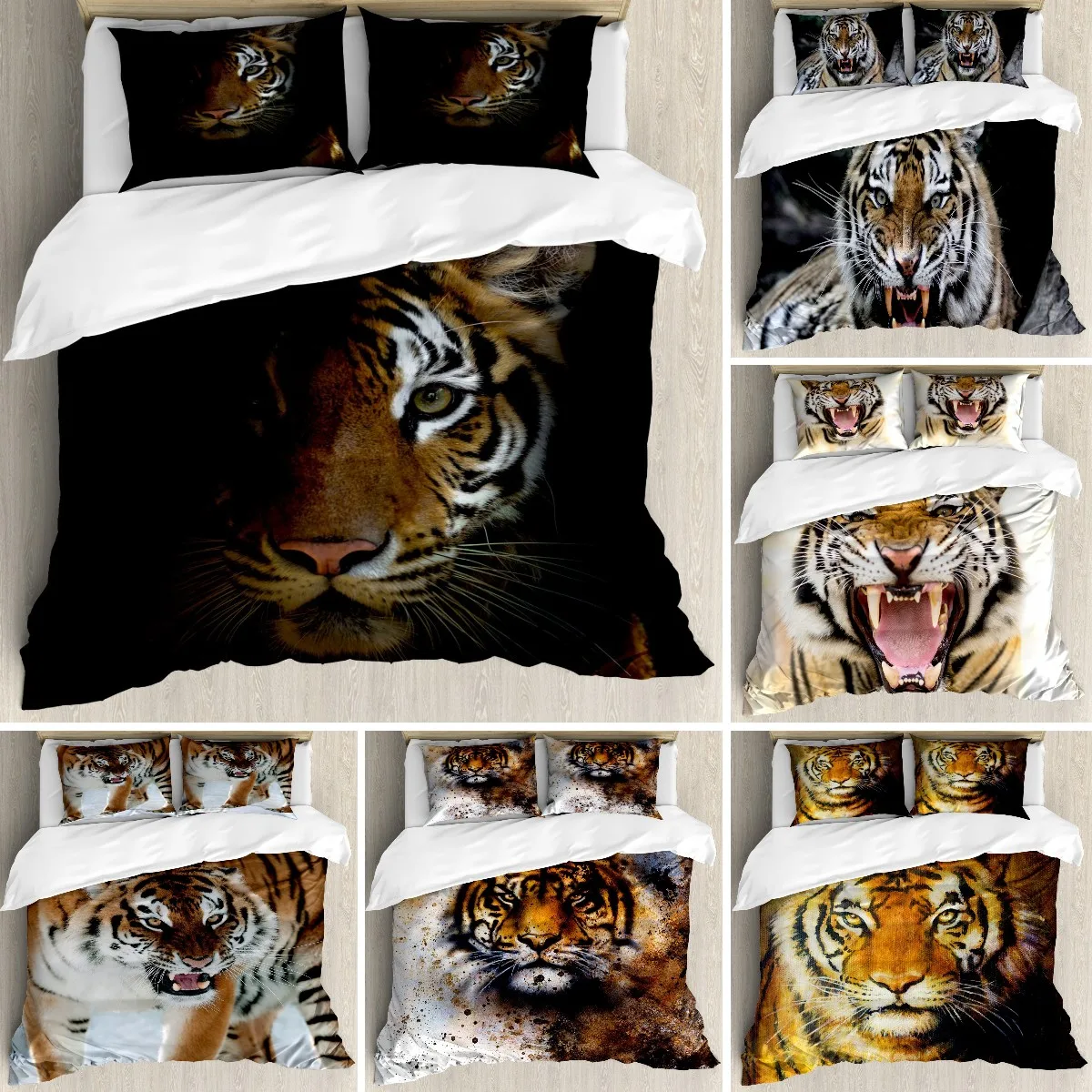 Tiger Bedding Set King Size, King Of Sundarbans In A Dark Environment Mild Manned Majestic Animal Black Duvet Cover For Boys