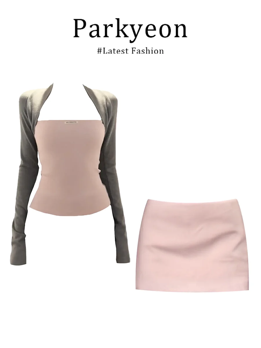 Cute Sweet Style High-End Color Block Long Sleeve Top And Short Skirt Set Women's Fashion Spring Summer Pink Casual Wear