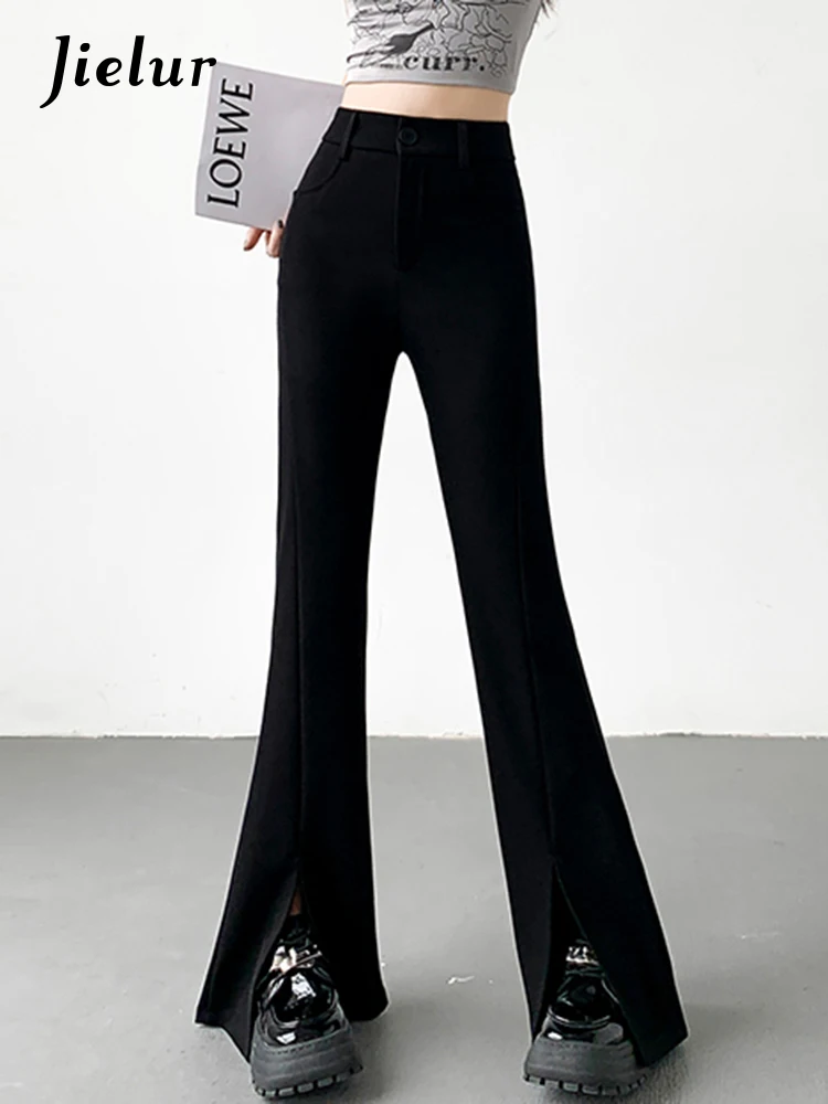 

Jielur Black Split Spring High Waist Female Flare Pants Slight Stretch Slim Simple Fashion Office Ladies Solid Color Women Pants