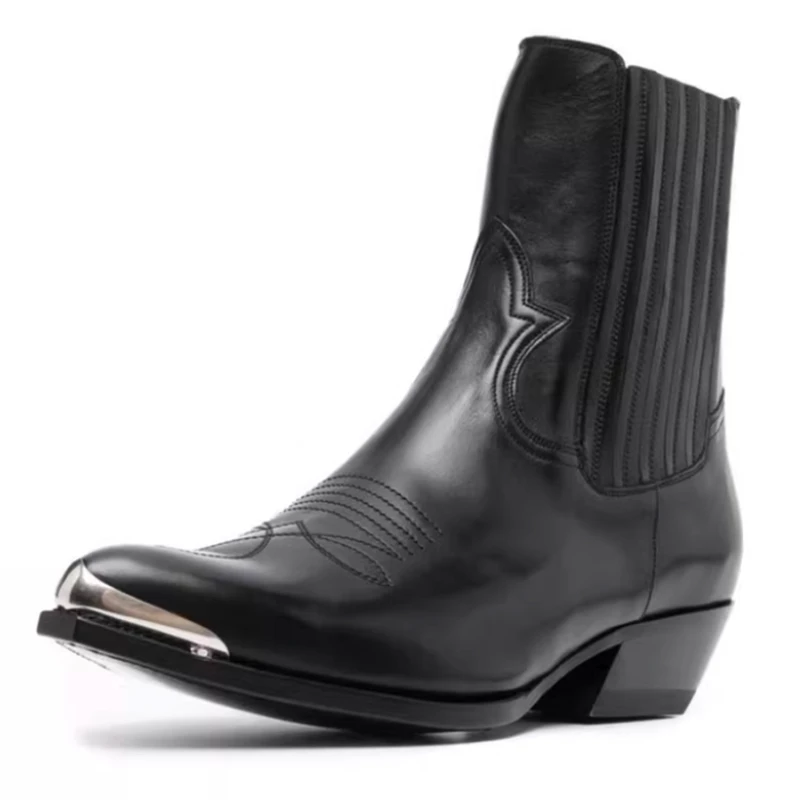 

Men's Black Leather Western Chelsea Ankle Boots Pointed Metal Toe Cap Block Heel Cowboy Boots Casual Formal Wear