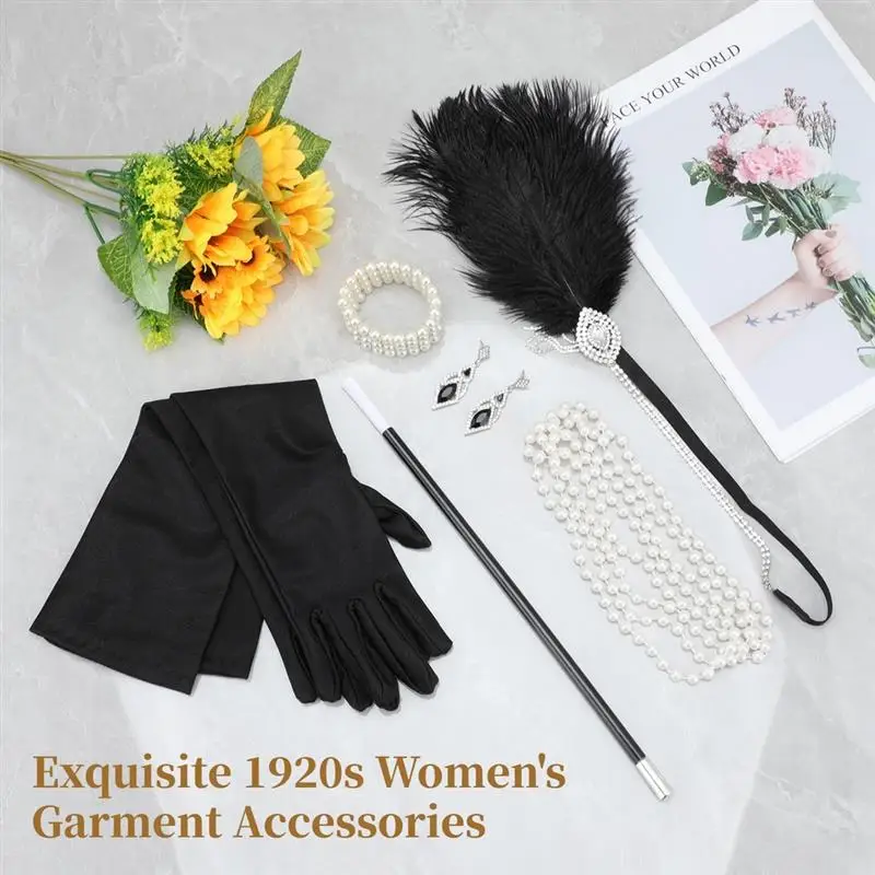 8pcs 1920s große Gatsby Accessoires Set für Frauen Flapper Frauen Kit Stirnband Kopf bedeckung Zigaretten stange Perlenkette Armband Set