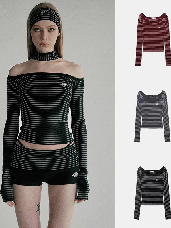 

Slim Fit Striped Long Sve T-irt Women's Base Layer Inner Wear Trendy One oulder Cotton Casual Breathable Comfortable