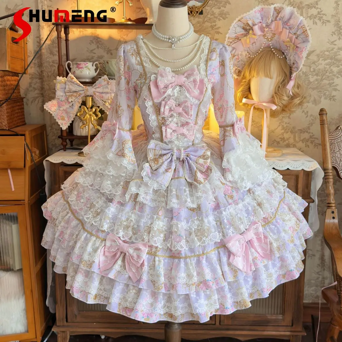 Originele Zoete Prinses Stijl Lolita Jurken OP Lente Herfst Nieuwe vrouwen Boog Kant Verjaardagsfeestje Jurk Kerst Cos Jurk 2025