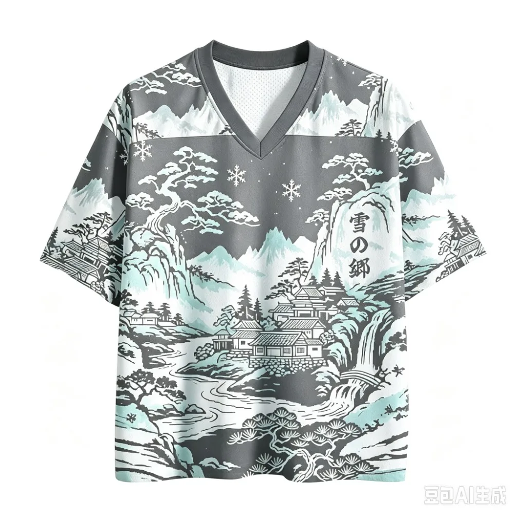 Modische japanische Ukiyo-e-Landschaftsmuster, 3D-gedrucktes lässiges Street-Outdoor-Fitness-T-Shirt für Männer mit V-Ausschnitt, große Größe, Eltern-Kind-Modell – Detail 6