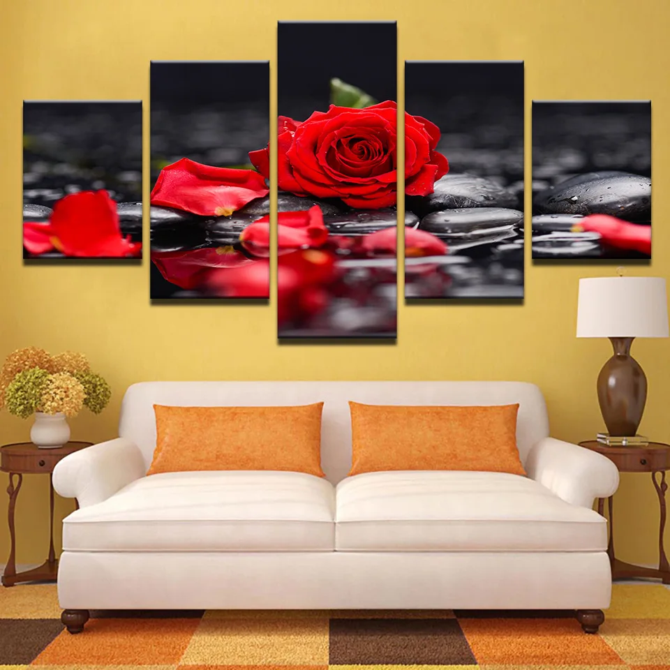 

100CM framed deep art mural, five couplets ultra clear room decoration painting, bright red rose mural